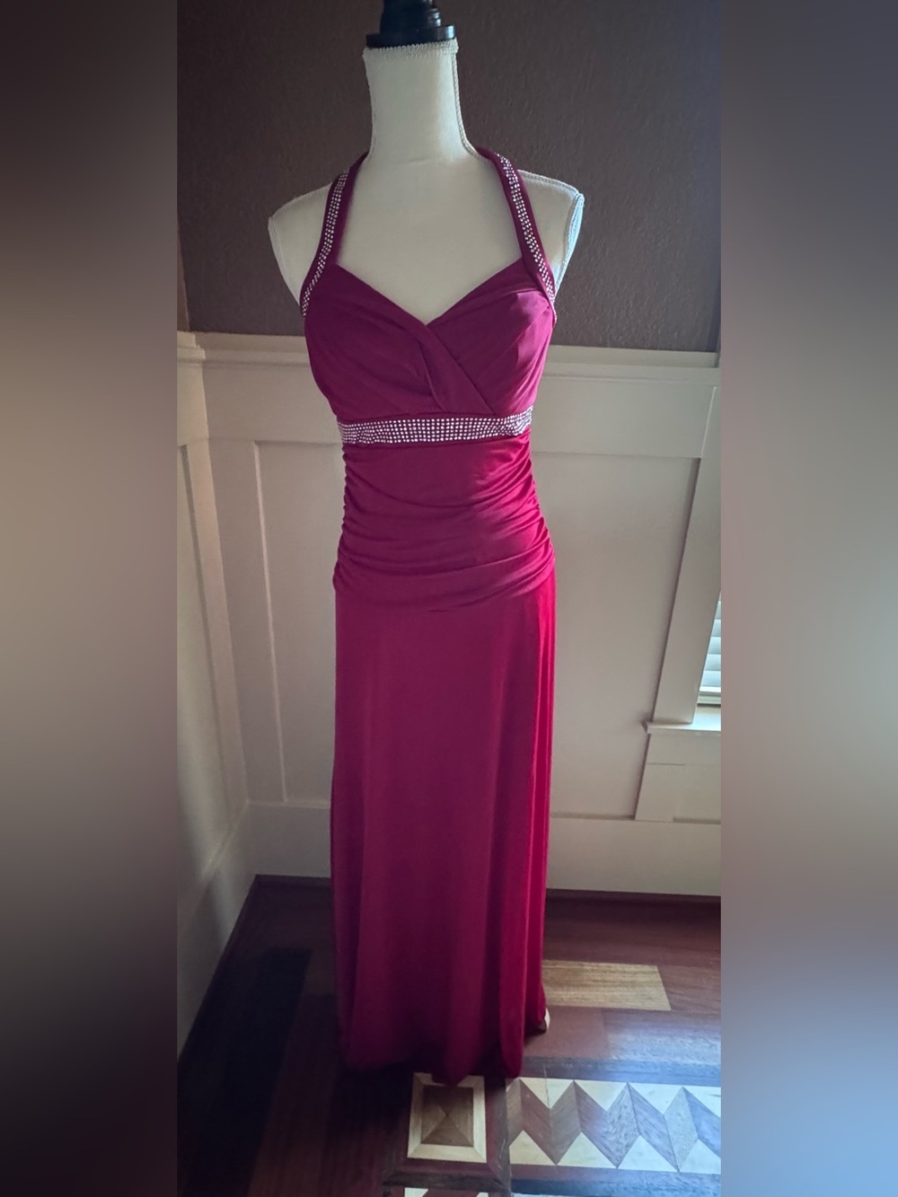 Vintage 2000's Y2k, Trixxi Red Halter Prom Gown with Rhinestone Waist